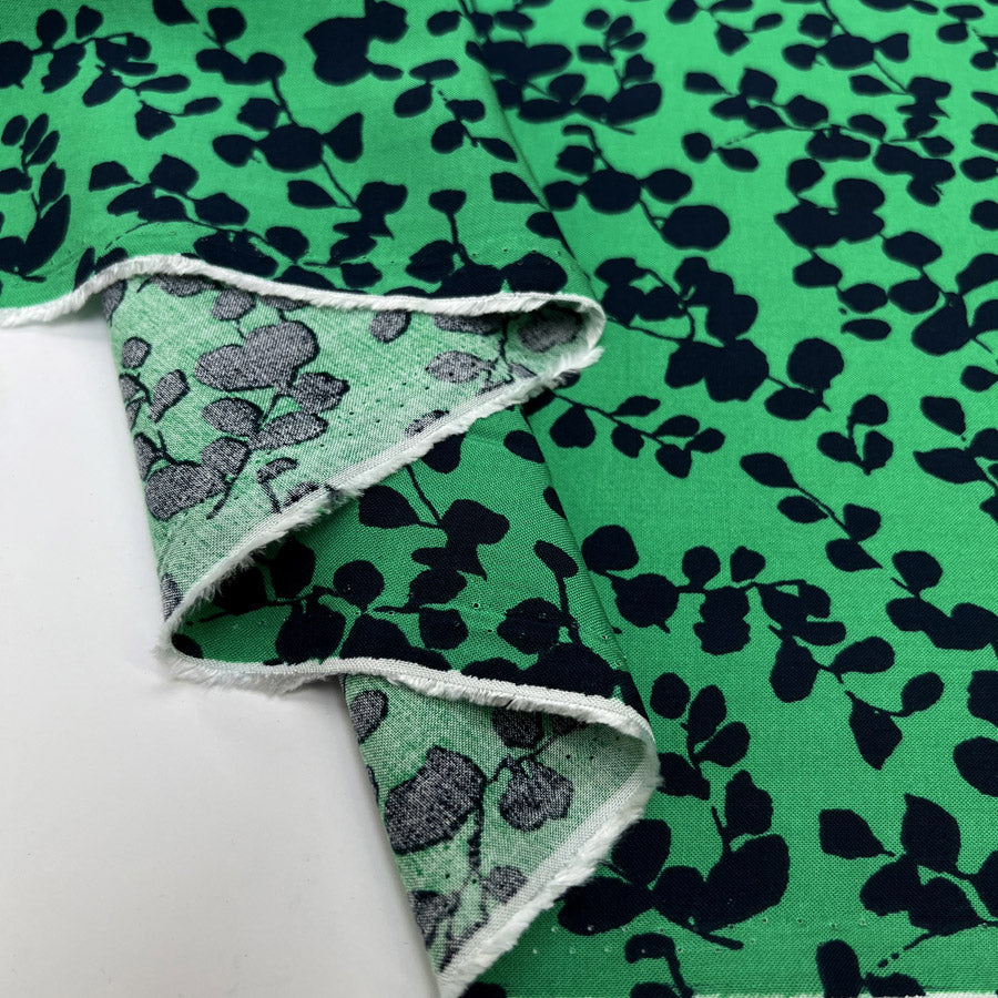 100% Bamboo Midnight Foliage Green Navy Floral Dress Fabric Fold