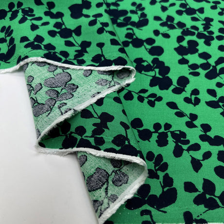 100% Bamboo Midnight Foliage Green Navy Floral Dress Fabric Fold