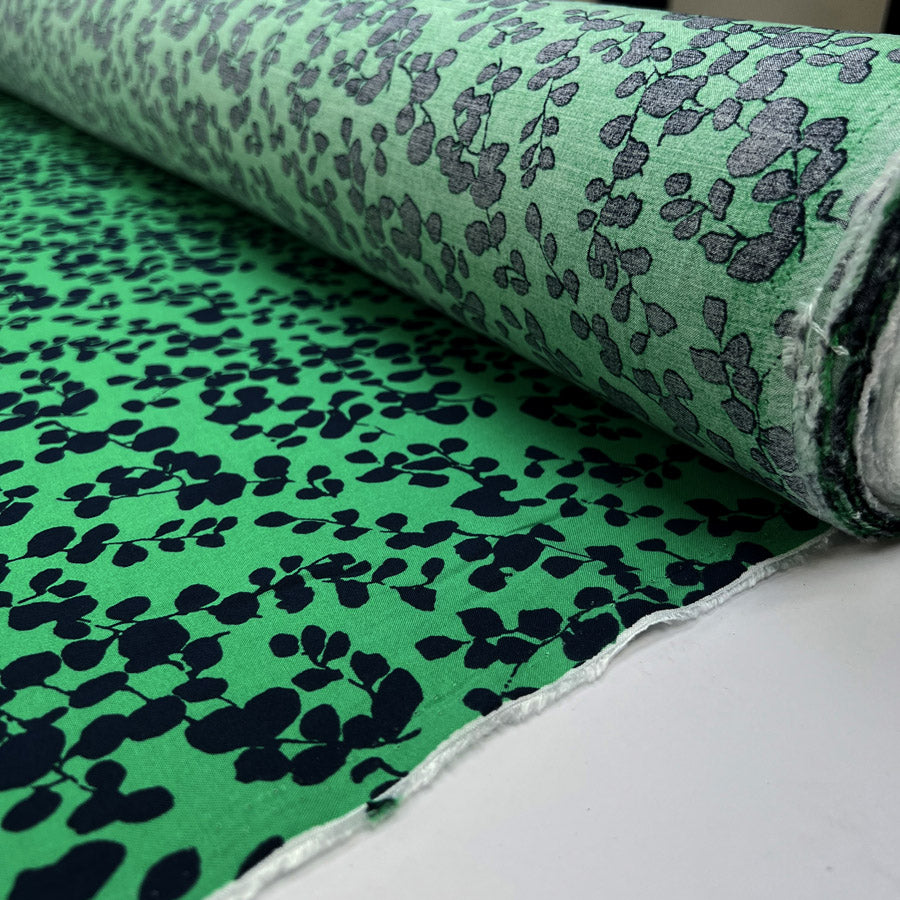 100% Bamboo Midnight Foliage Green Navy Floral Dress Fabric Roll