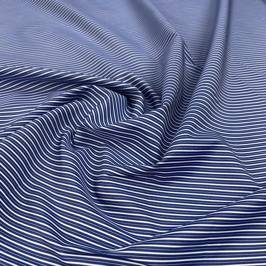 100% Cotton Shirting Awning Stripe Navy Blue White Woven Dress Fabric CU