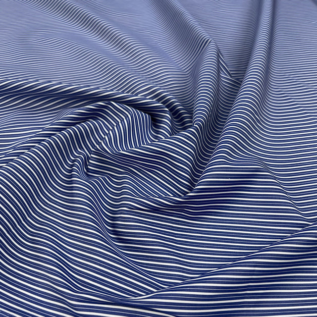 100% Cotton Shirting Awning Stripe Navy Blue White Woven Dress Fabric CU