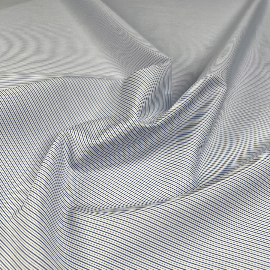 100% Cotton Shirting Pencil Stripe Blue White Fine Woven Fabric CU