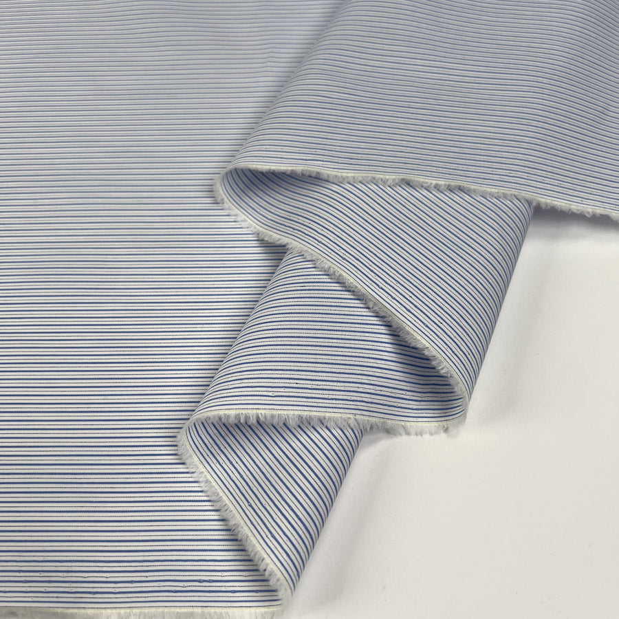 100% Cotton Shirting Pencil Stripe Blue White Fine Woven Fabric Fold
