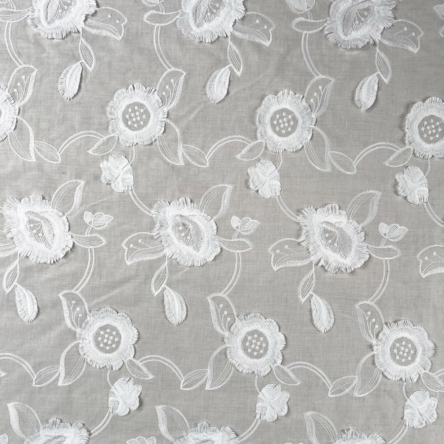 3D Embroidered Cotton White Floral Woven Dress Fabric