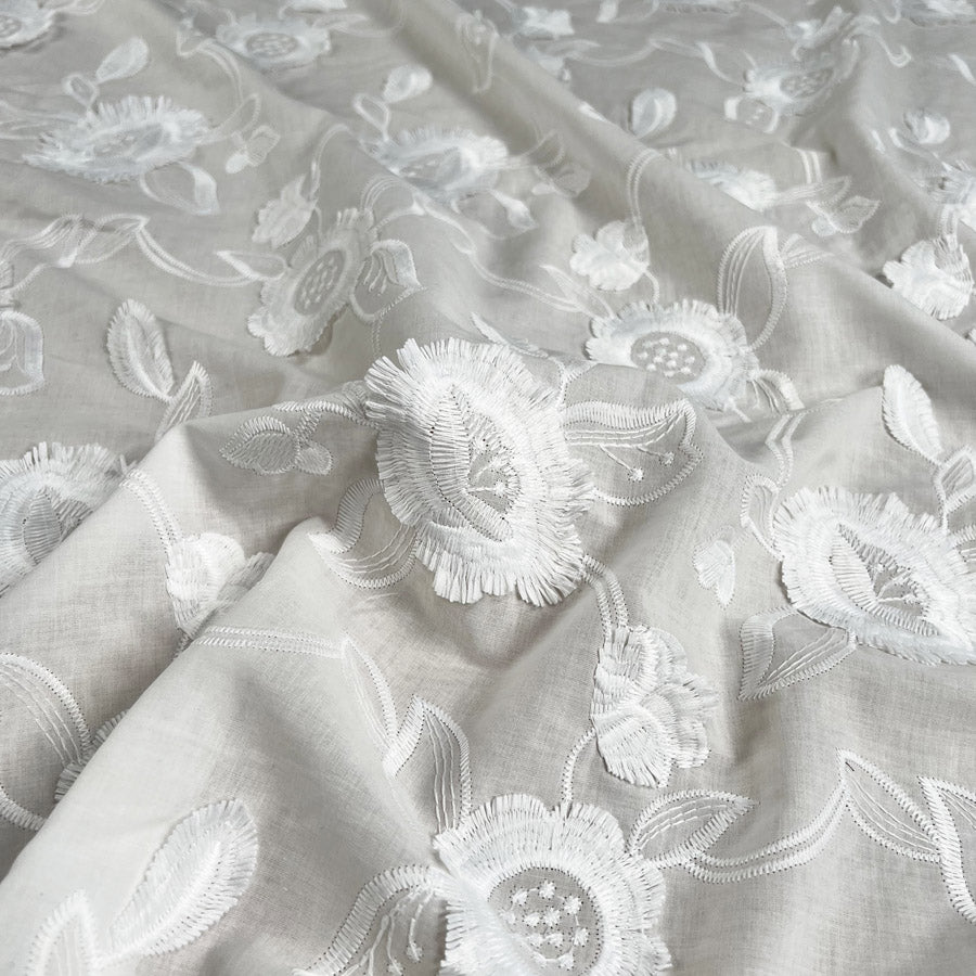3D Embroidered Cotton White Floral Woven Dress Fabric CU
