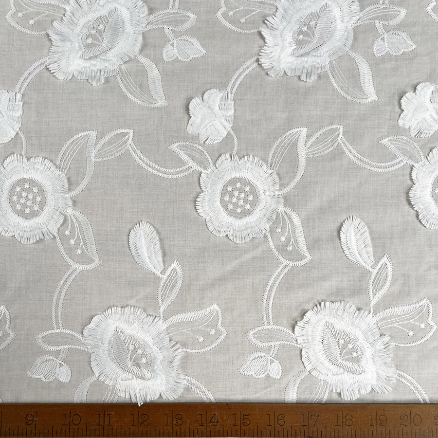 3D Embroidered Cotton White Floral Woven Dress Fabric Ruler
