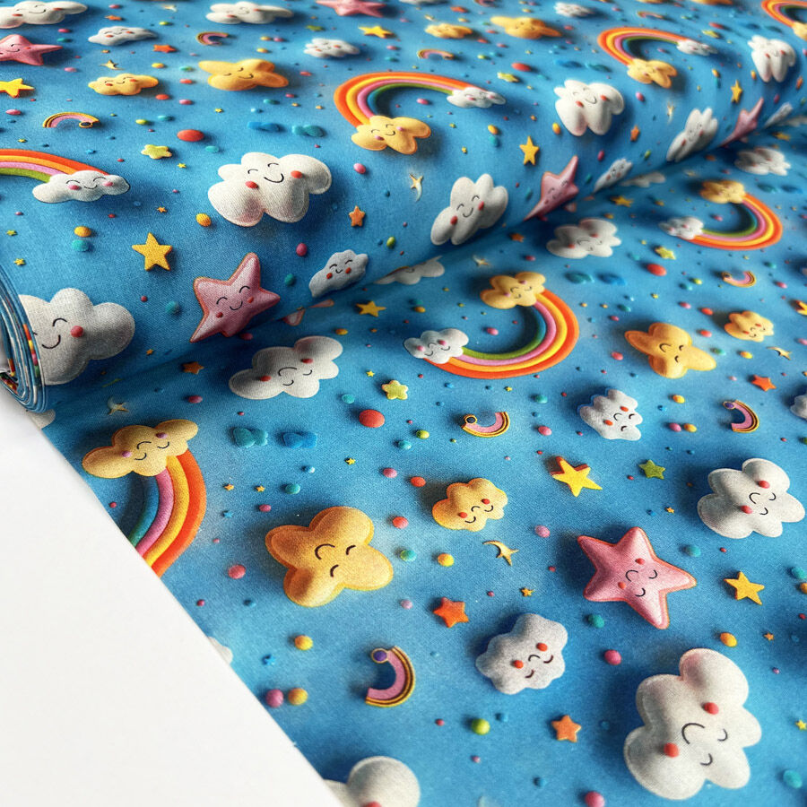 3D Cotton Rainbow Dreams Craft Blue Cloud Star Woven Fabric Bolt