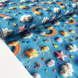 3D Cotton Rainbow Dreams Craft Blue Cloud Star Woven Fabric Bolt