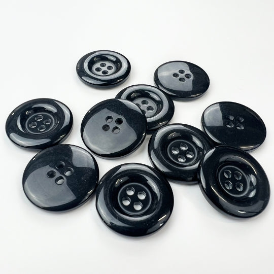 4 Hole Plain Black Round Plastic Buttons 24mm Pk10
