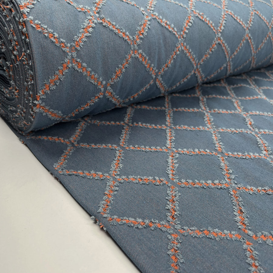 9oz Reworked Denim Tangerine Recycled Cotton Polyester Light Blue Orange Diamond Woven Jean Fabric Bolt