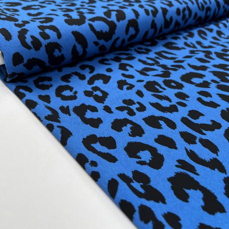 stretch twill dress fabric Blue fabric with black leopard print pattern