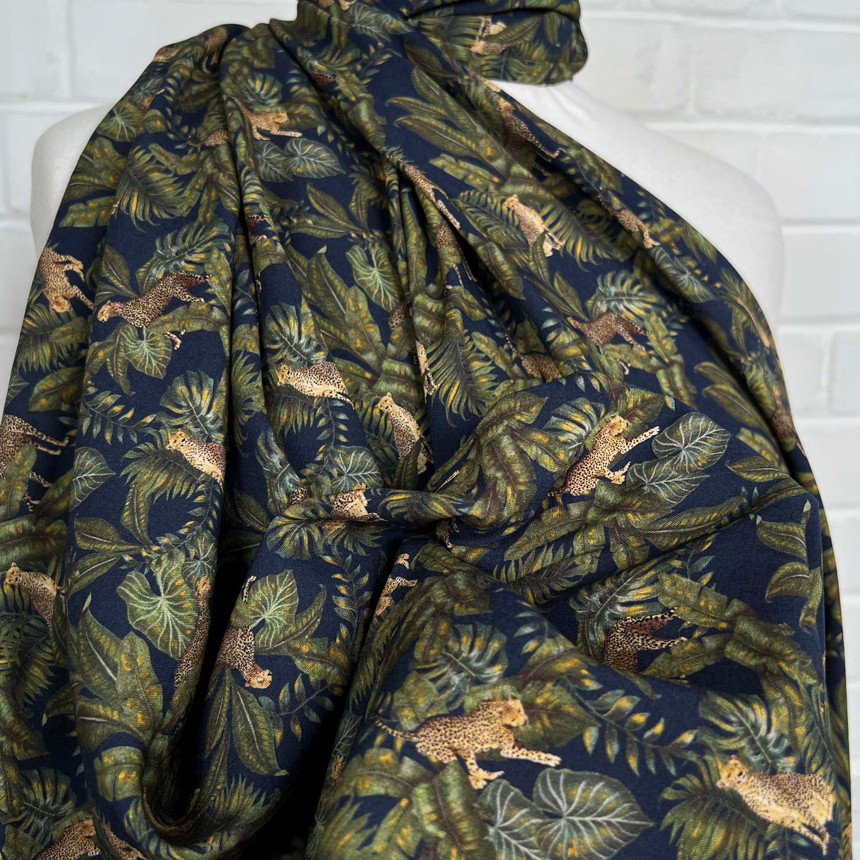 Amazonia Viscose Navy Green Leopard Leaf Print Italian Fabric CU