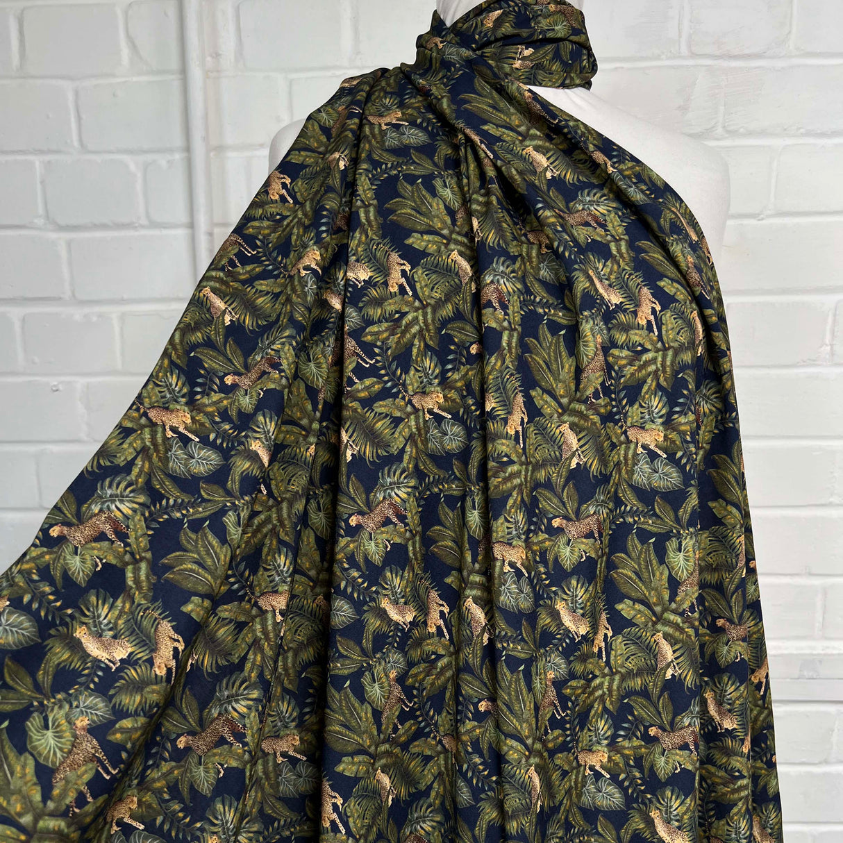 Amazonia Viscose Navy Green Leopard Leaf Print Italian Fabric