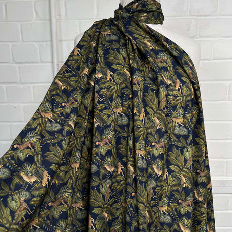Amazonia Viscose Navy Green Leopard Leaf Print Italian Fabric