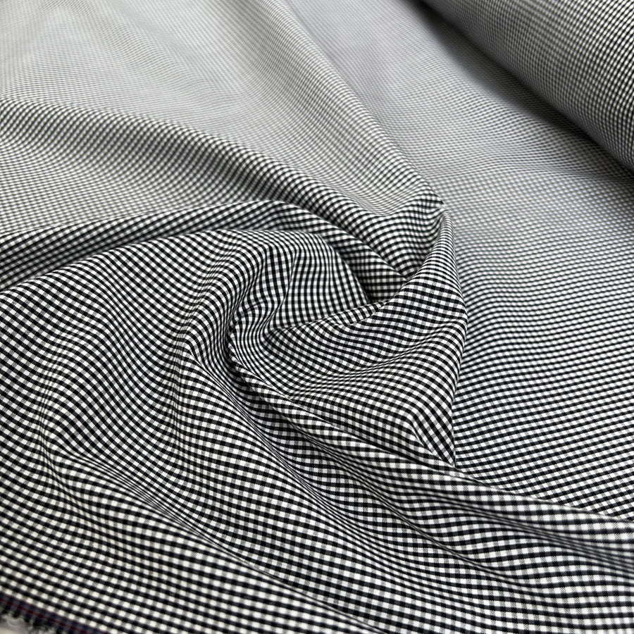 Archivio Checks Black Cotton Elastane Small Check Ex Designer Stretch Woven Shirting Fabric CU