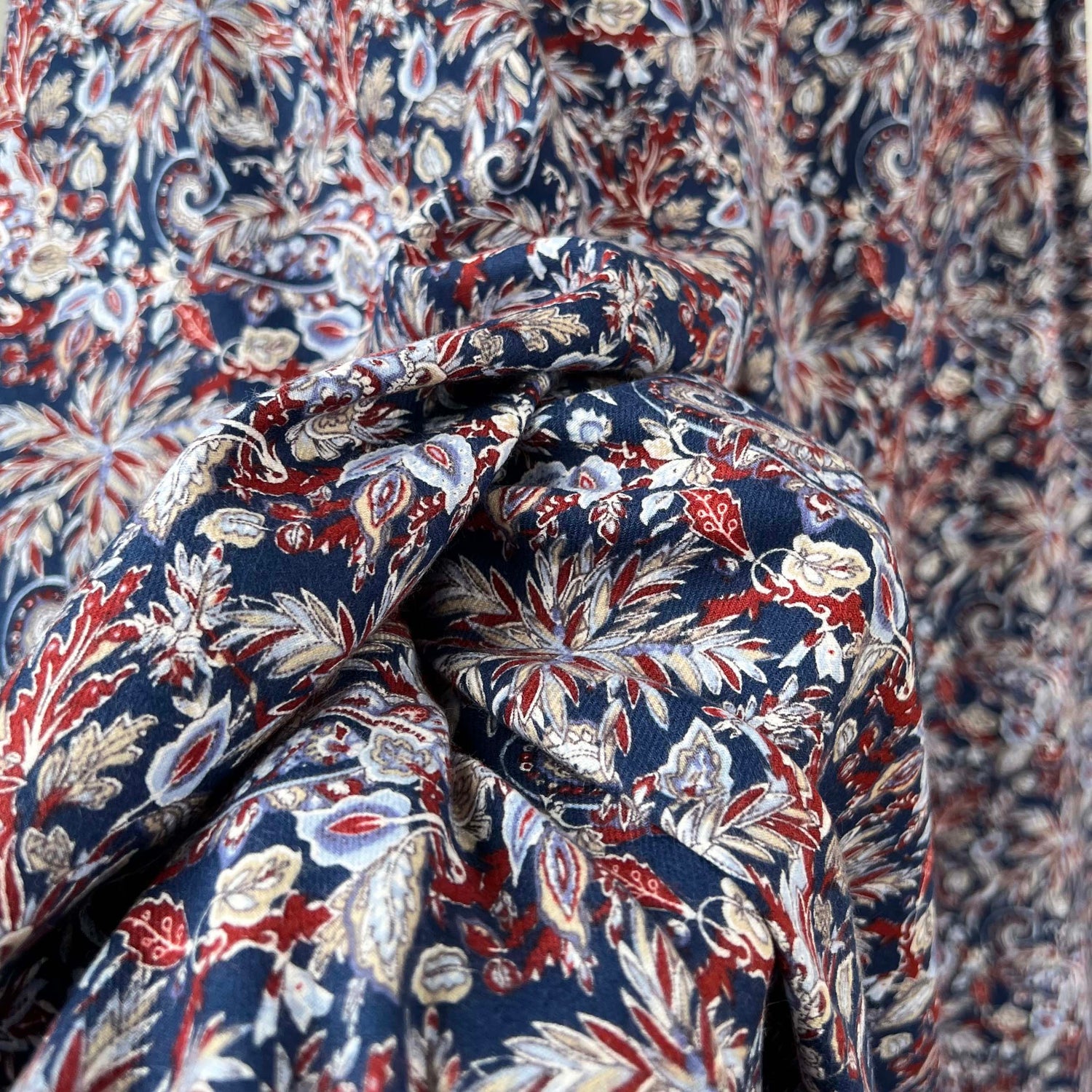 Autumnal Equinox Midnight Paisley Pop Brushed Cotton Blue Red Abstract Floral Print Dress Fabric CU