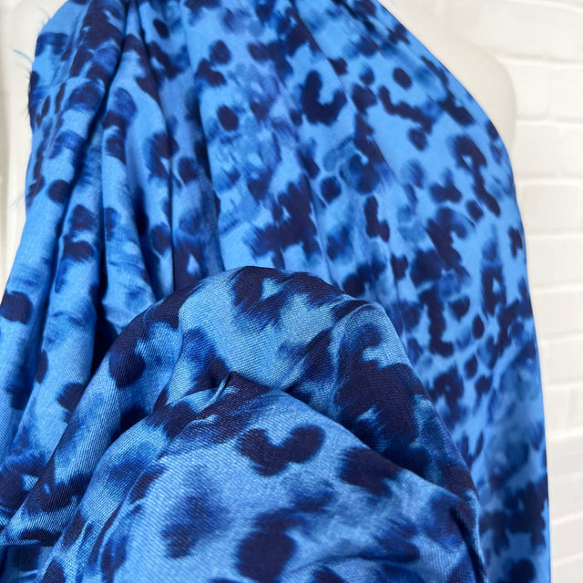 Blue Animal Digital Print Viscose Dress Fabric Azure Leopard Twill CU