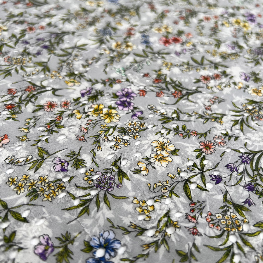 BA Floral Garden Broderie Anglaise Grey Cotton Tiny Multicoloured Flower Print Embroidered Dress Fabric