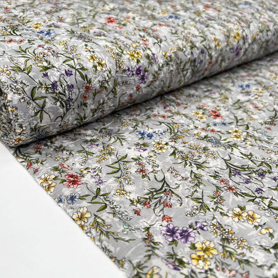 BA Floral Garden Broderie Anglaise Grey Cotton Tiny Multicoloured Flower Print Embroidered Dress Fabric Bolt