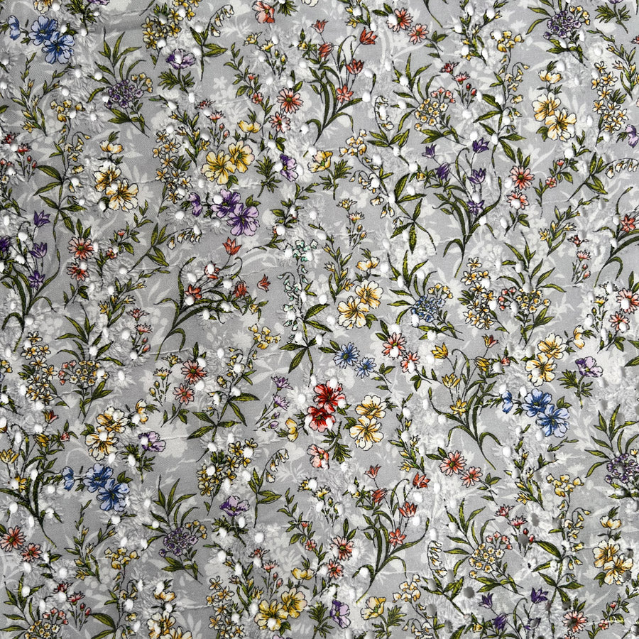 BA Floral Garden Broderie Anglaise Grey Cotton Tiny Multicoloured Flower Print Embroidered Dress Fabric Pattern