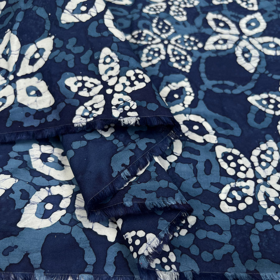 Batik Blue Blossoms Cotton White Hand Printed Abstract Woven Dress Fabric Fold