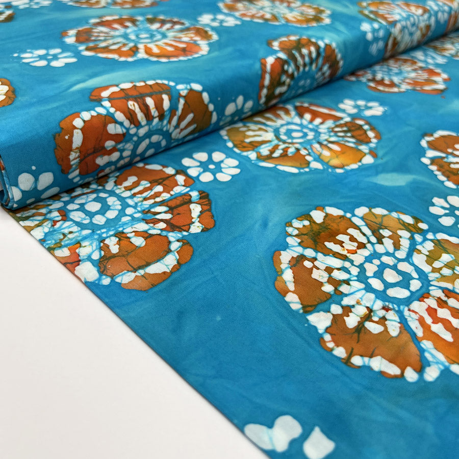 Batik Burnt Medallion Blue Orange Cotton Hand Printed Abstract Woven Dress Fabric Bolt