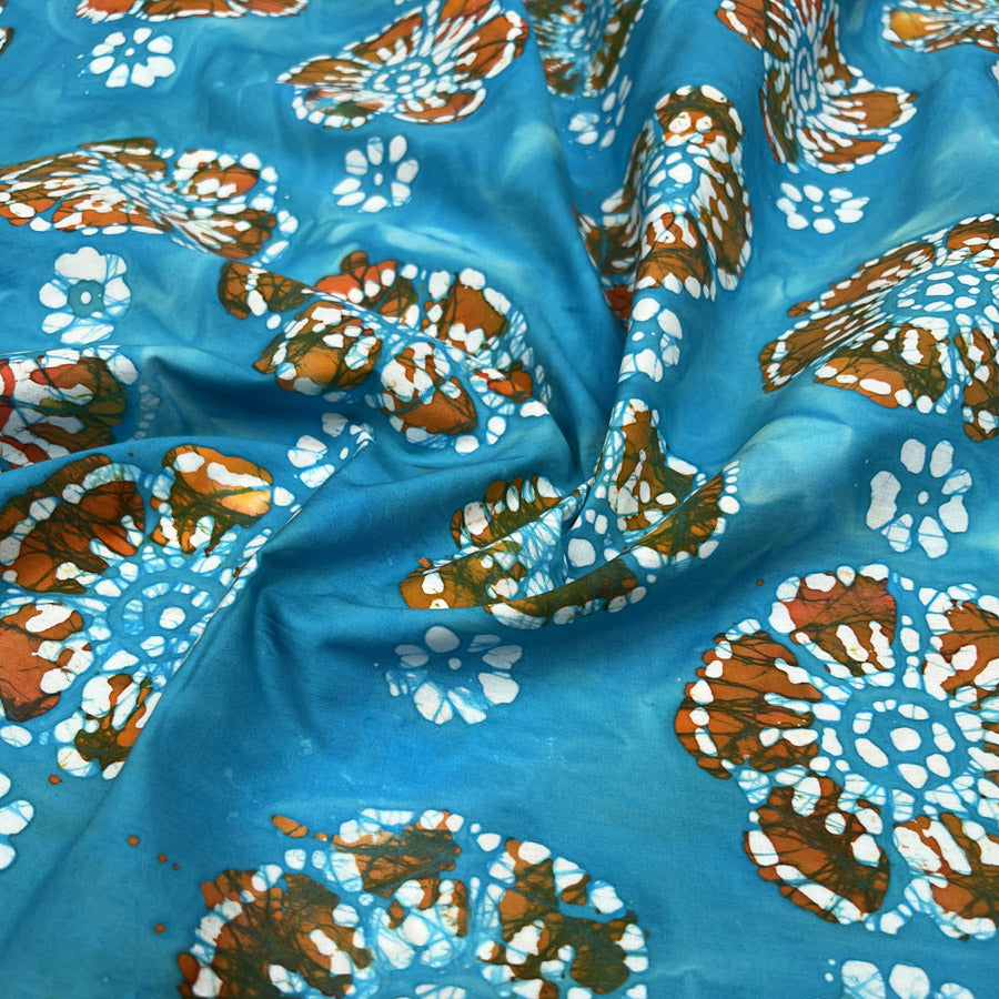 Batik Burnt Medallion Blue Orange Cotton Hand Printed Abstract Woven Dress Fabric CU