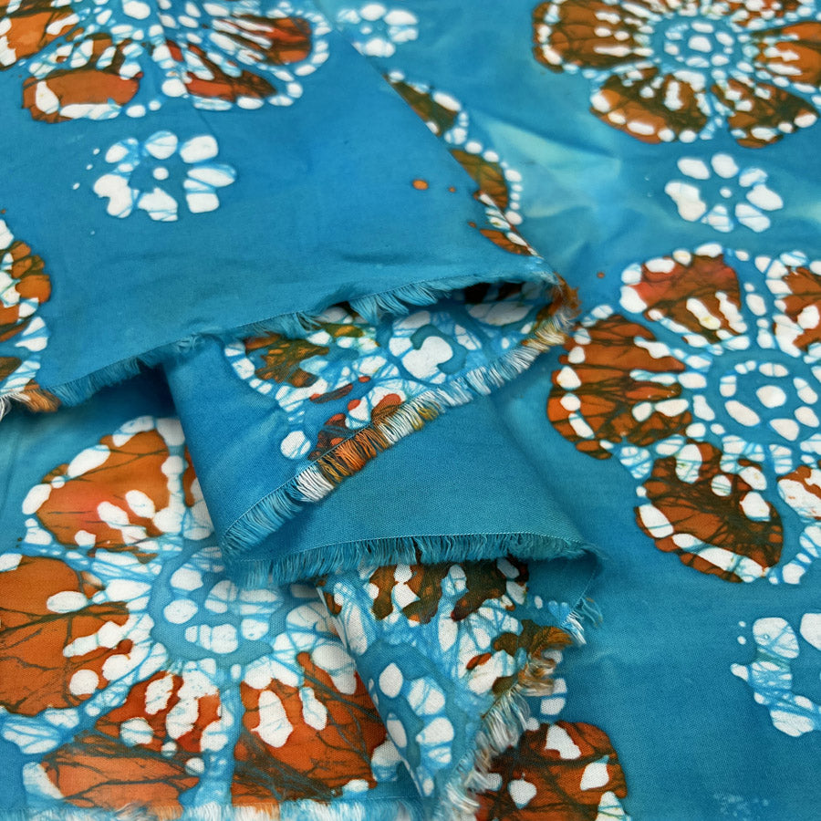 Batik Burnt Medallion Blue Orange Cotton Hand Printed Abstract Woven Dress Fabric Fold