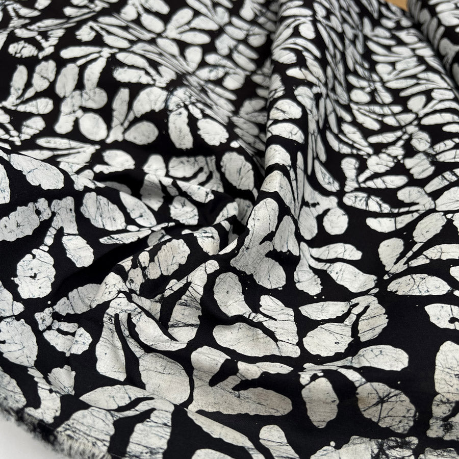 Batik Floral Silhouette Cotton Black White Hand Printed Abstract Woven Dress Fabric CU