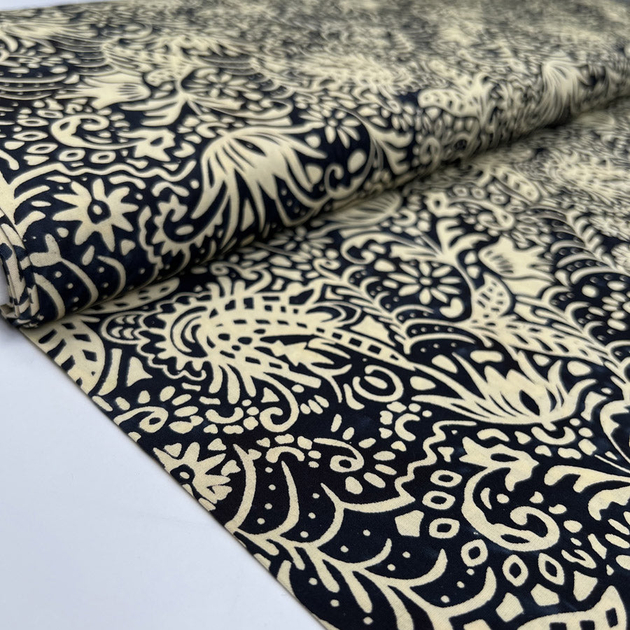 Batik Floral Vines Cream Black Cotton Hand Printed Abstract Woven Dress Fabric Bolt