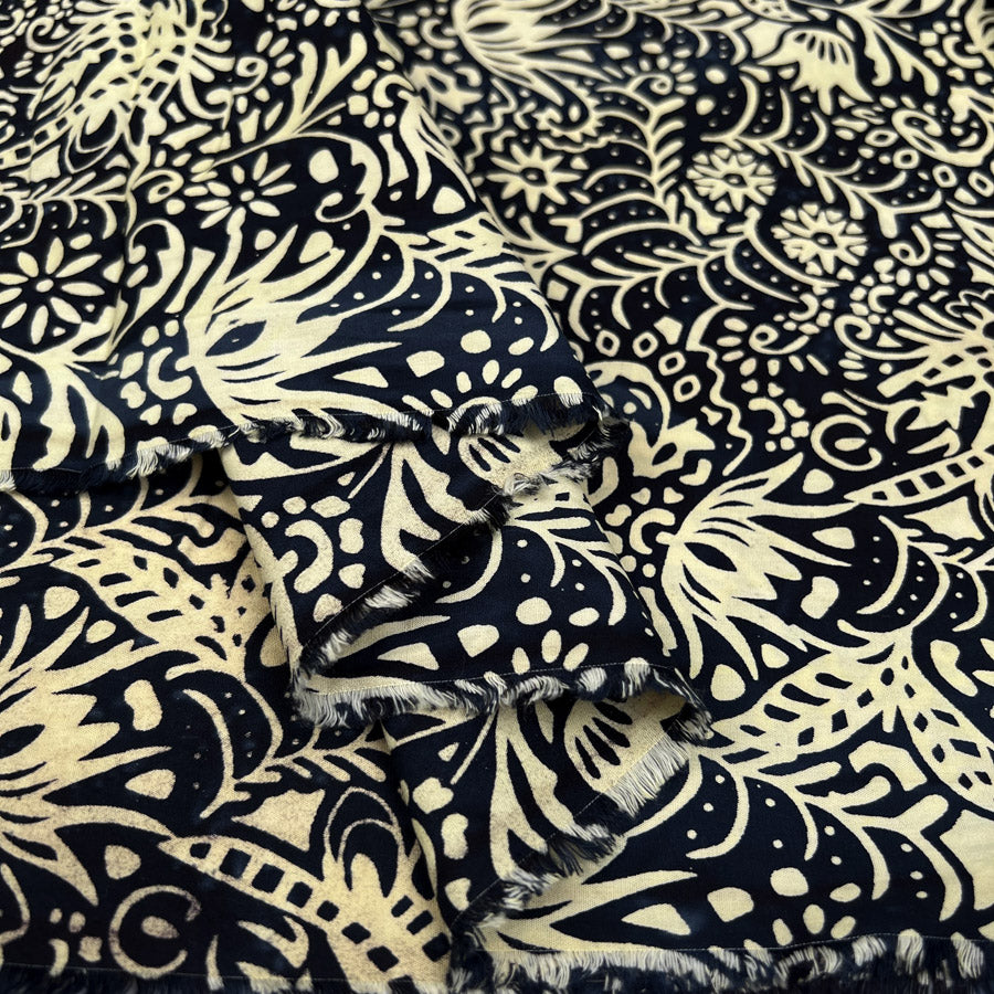 Batik Floral Vines Cream Black Cotton Hand Printed Abstract Woven Dress Fabric Fold