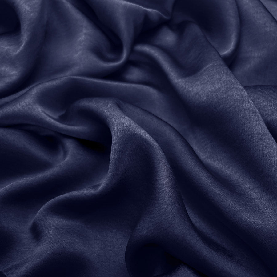 Bella Satin Stretch Navy Polyester Elastane Smooth Dressmaking Fabric Close up