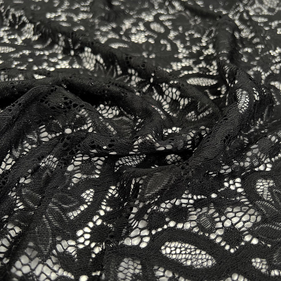 Black Petal Stretch Lace Polyamide Elastane Floral Dress Fabric CU