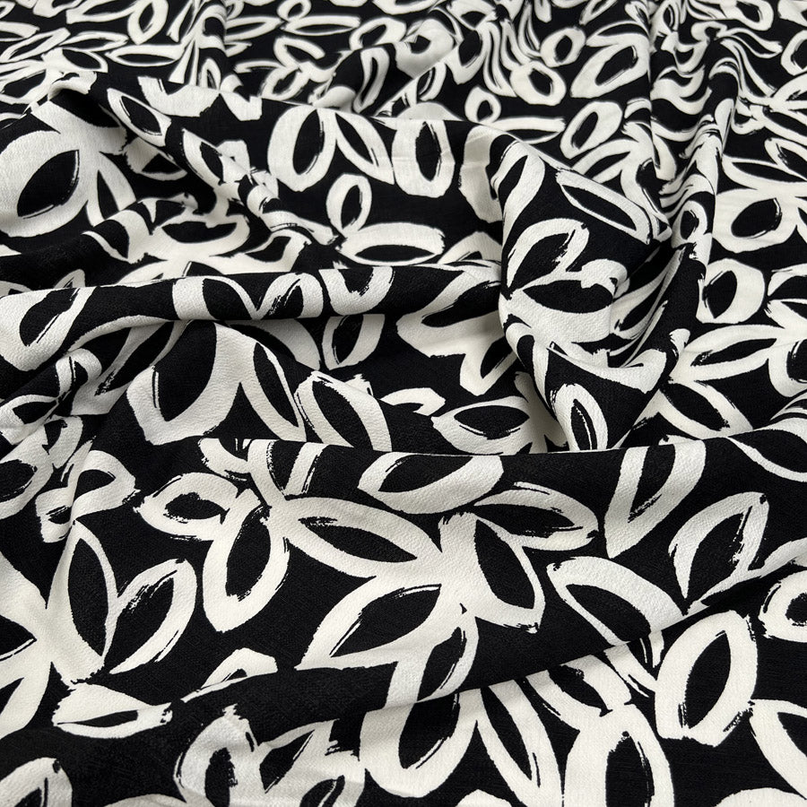 Black White Inky Floral Viscose Woven Dress Fabric CU