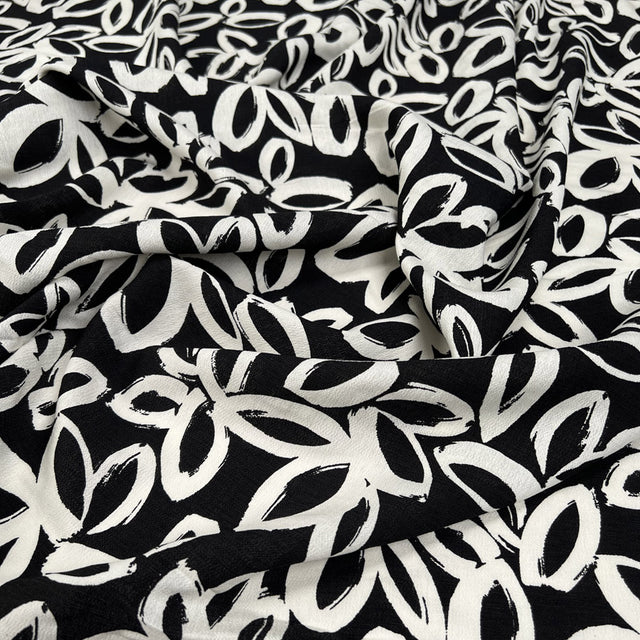 Black White Inky Floral Viscose Woven Dress Fabric CU