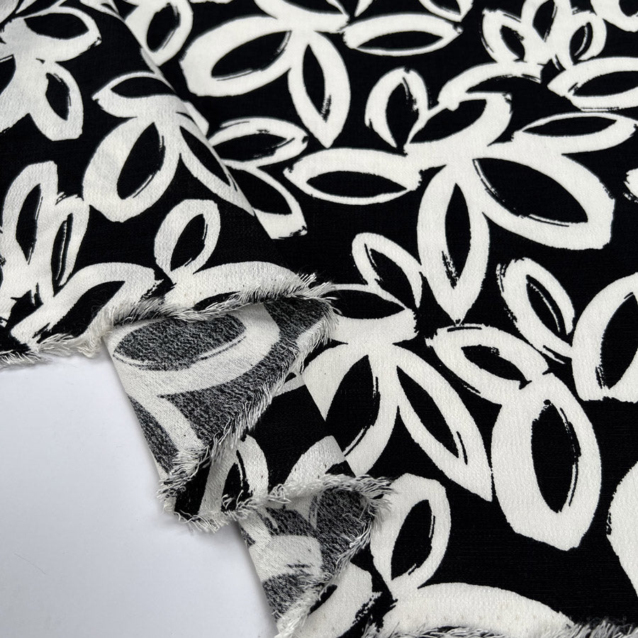 Black White Inky Floral Viscose Woven Dress Fabric Fold