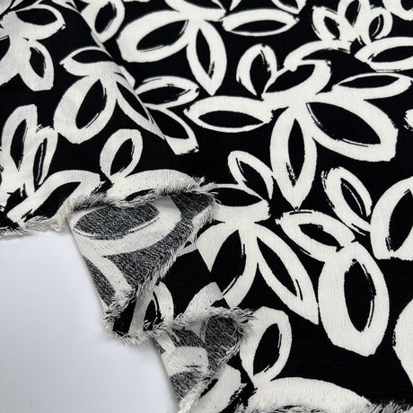 Black White Inky Floral Viscose Woven Dress Fabric Fold
