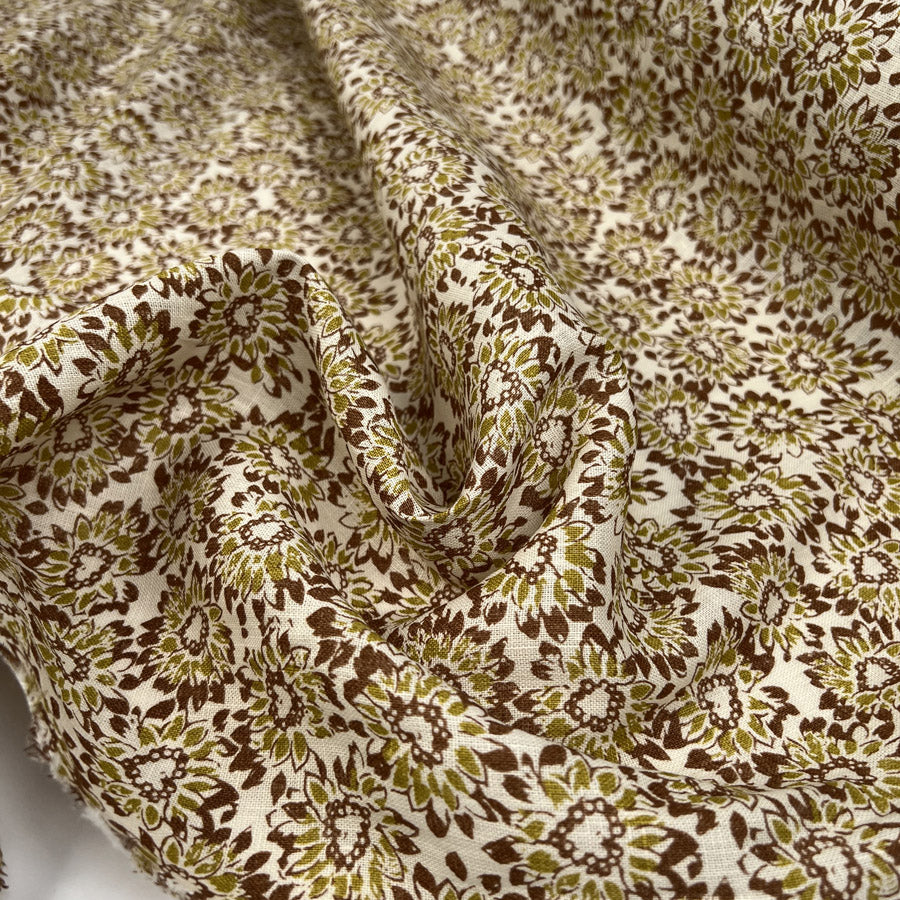 Bloomfield Linen Floral Green Brown Woven Ex Designer Dress Fabric CU