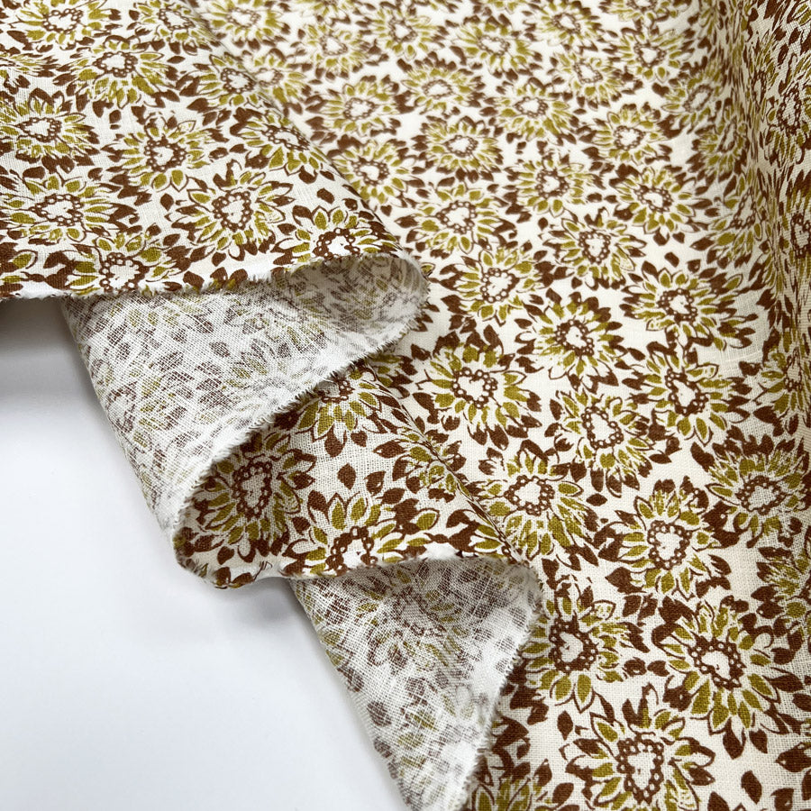 Bloomfield Linen Floral Green Brown Woven Ex Designer Dress Fabric Fold