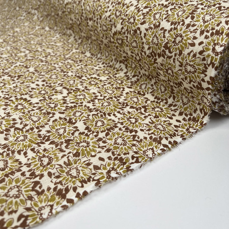 Bloomfield Linen Floral Green Brown Woven Ex Designer Dress Fabric Roll