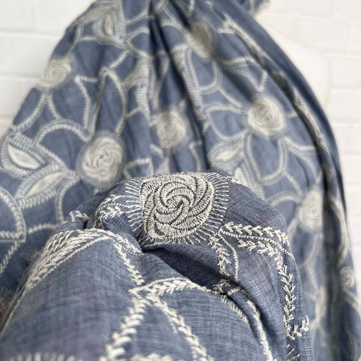 Boho Blue Floral Cotton Embroidered Sky 123gsm Dress Fabric CU