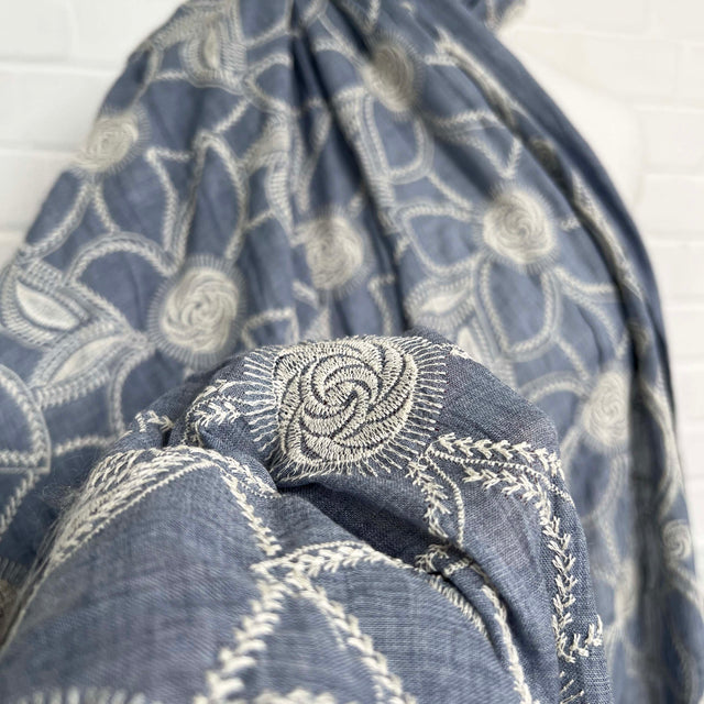 Boho Blue Floral Cotton Embroidered Sky 123gsm Dress Fabric CU
