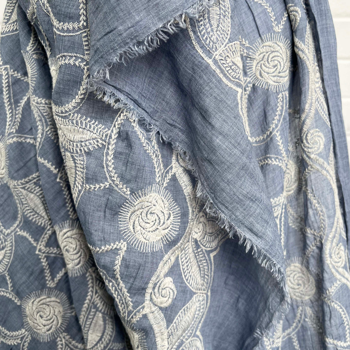 Boho Blue Floral Cotton Embroidered Sky 123gsm Dress Fabric Hang