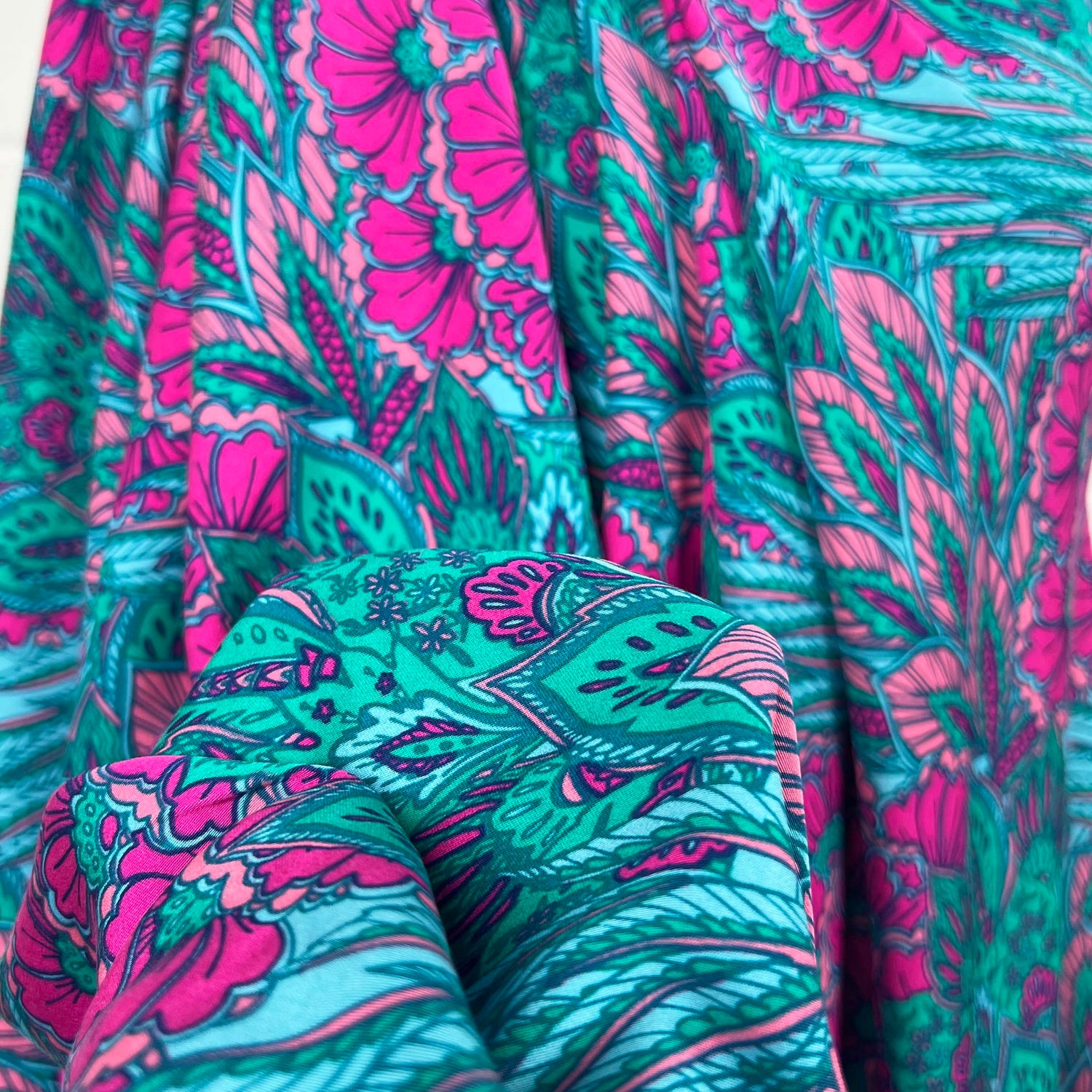 Bold Floral Paisley Teal and Pink Viscose Abstract Dress Fabric CU