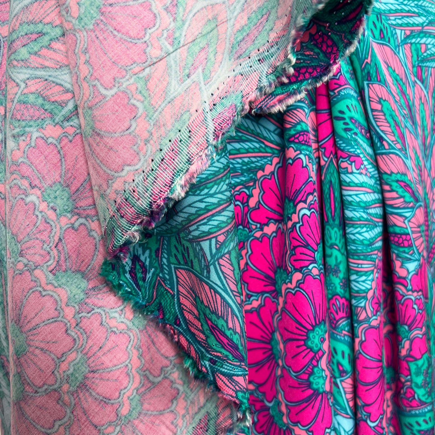 Bold Floral Paisley Teal and Pink Viscose Abstract Dress Fabric Hang