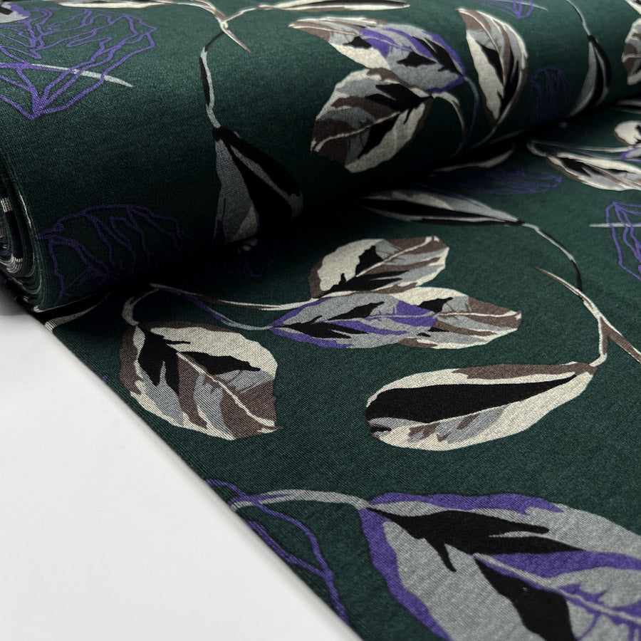 Botanical Ponte Bottle Green Polyester Viscose Floral Leaf Print Print Knit Jersey Fabric Bolt