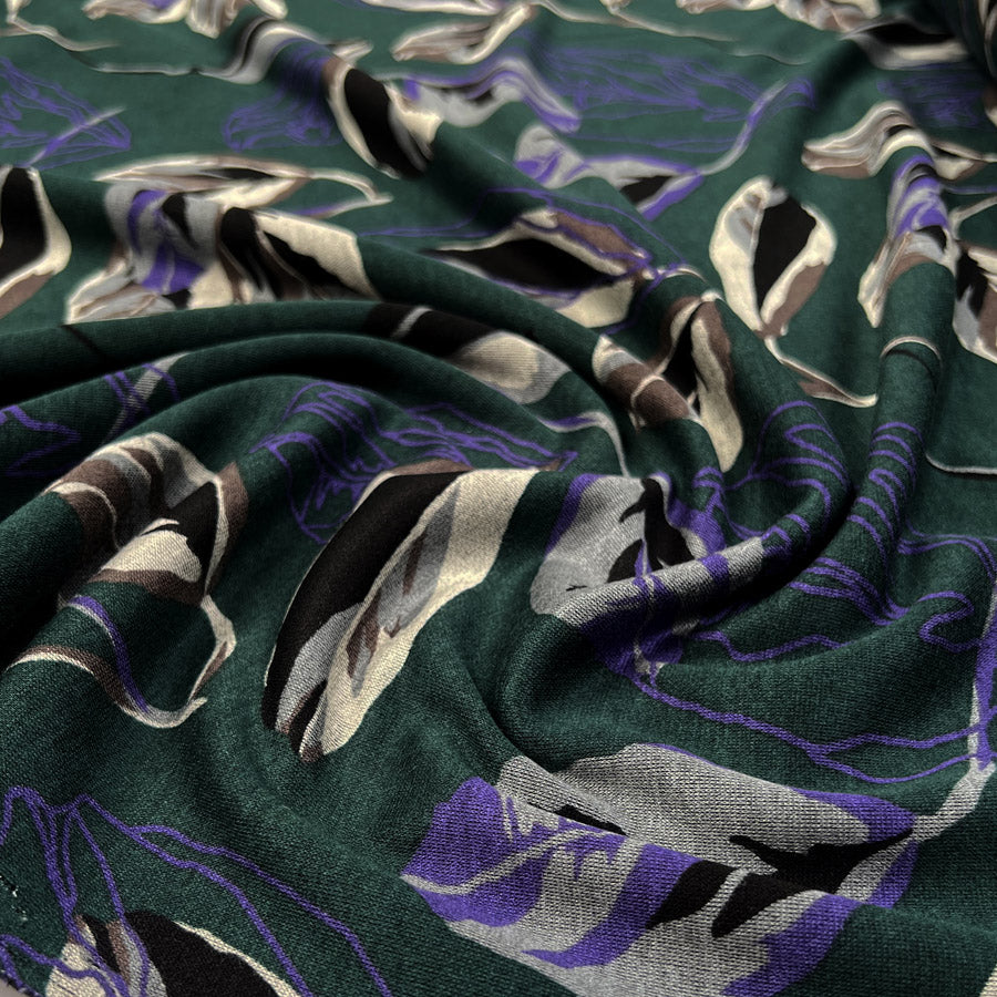 Botanical Ponte Bottle Green Polyester Viscose Floral Leaf Print Print Knit Jersey Fabric CU