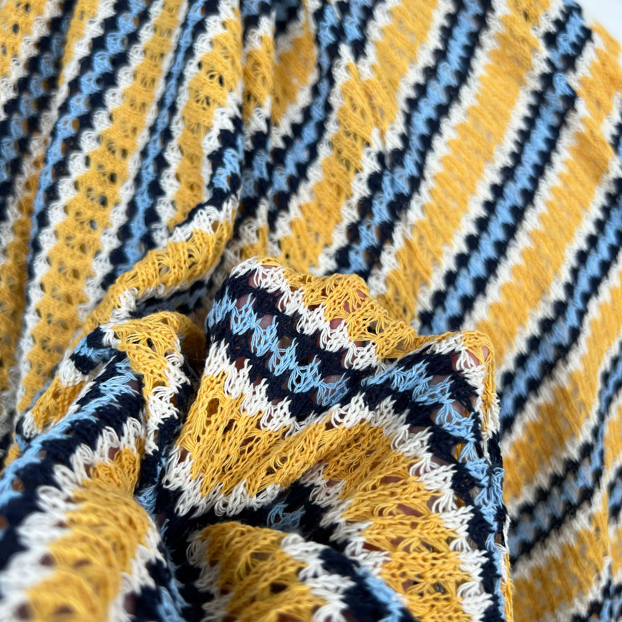 Polycotton Blue Yellow Striped Crochet Fabric Cadiz - Beach Stripe CU2