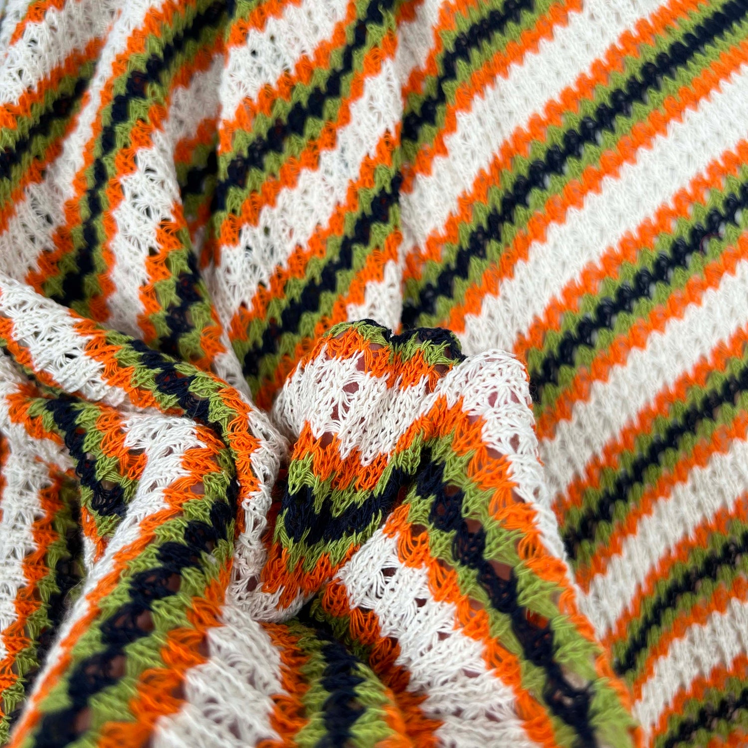 Polycotton Orange green Striped Crochet Fabric Cadiz - Cinnamon Stripe CU