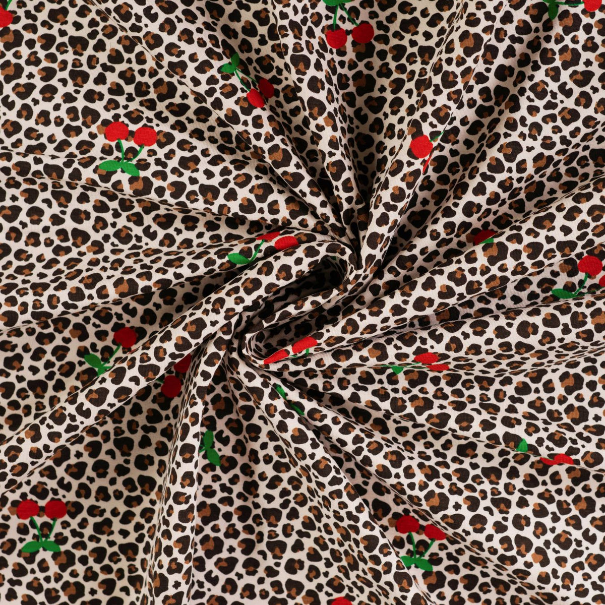 Cherry Roar Animal Fruit Print Knitted Cotton Jersey 190gsm Dress Fabric Swirl